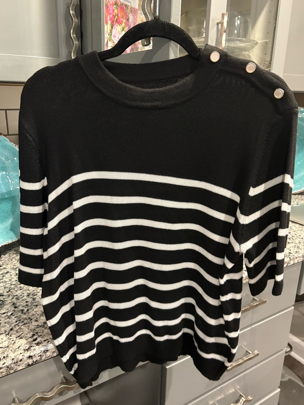 Black & White Striped Short-Sleeve Sweater with Shoulder Buttons